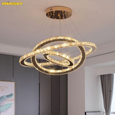 Đèn thả pha lê MONSKY LYSA bản dày dặn 5cm 3 vòng sang trọng 3 chế độ ánh sáng có điều khiển từ xa