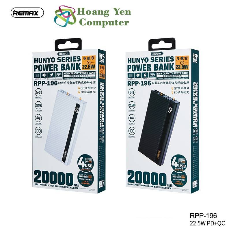 Sạc Dự Phòng Remax RPP-196 20000Mah (Sạc Nhanh QC3.0 18W, 22.5W, PD 18W, VOOC 2.0) - BH 1 Năm