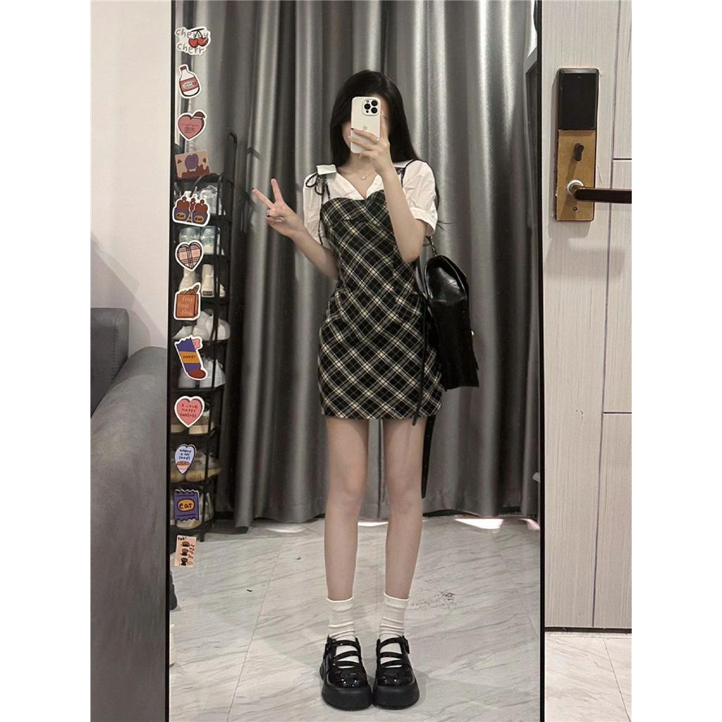 63634 Đầm Ôm Hông Giả Hai Lớp Phong Cách Preppy Retro Mỹ