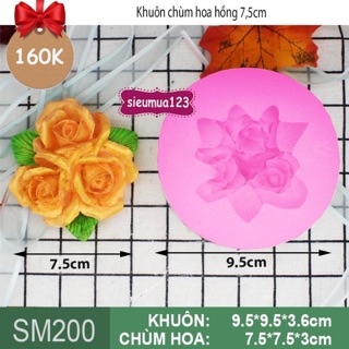 Khuôn Silicon Chùm Hoa Hồng 3 Bông kèm lá 7,5cm ( Khuôn Nến, Khuôn Xà Bông)