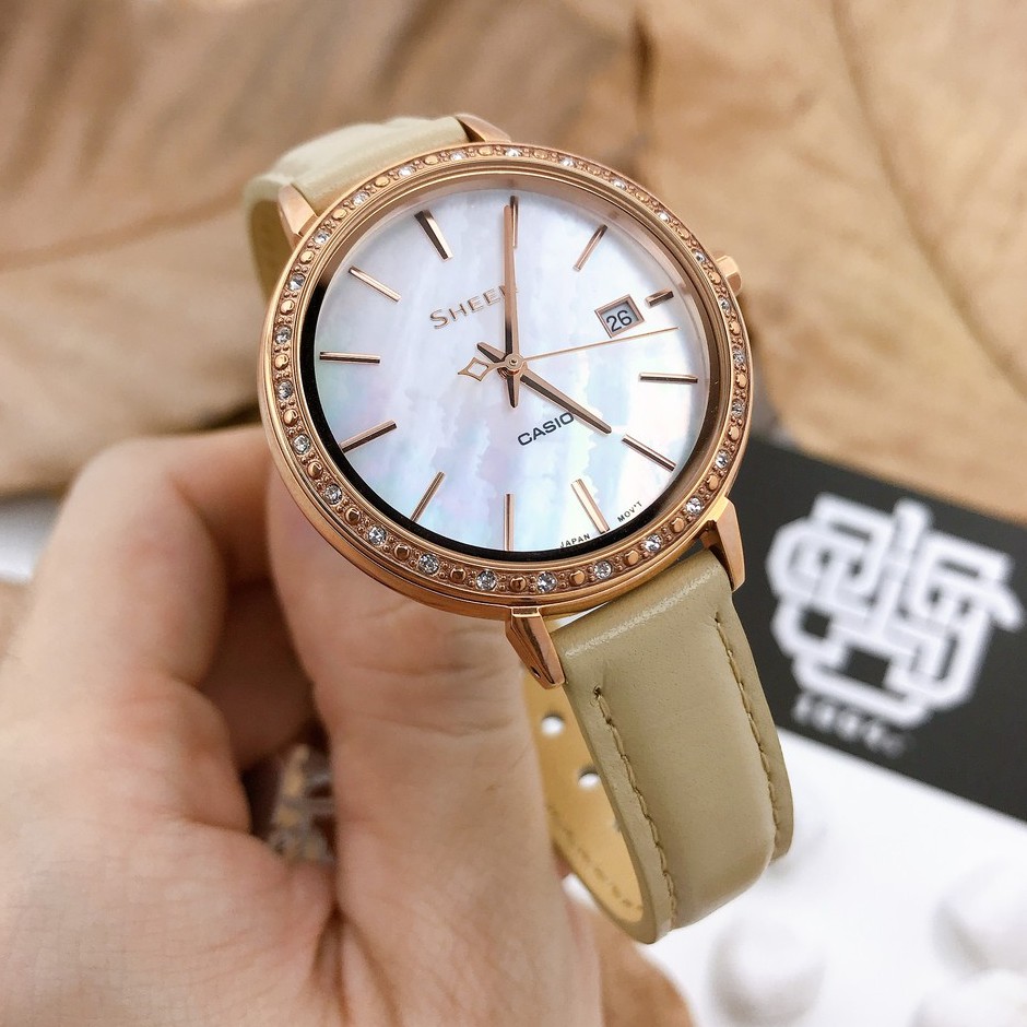 Đồng hồ nữ Casio SHEEN SHE-4052 / SHE-4052PGL-7B đính đá Swarovski, dây da thật, hàng chính hãng