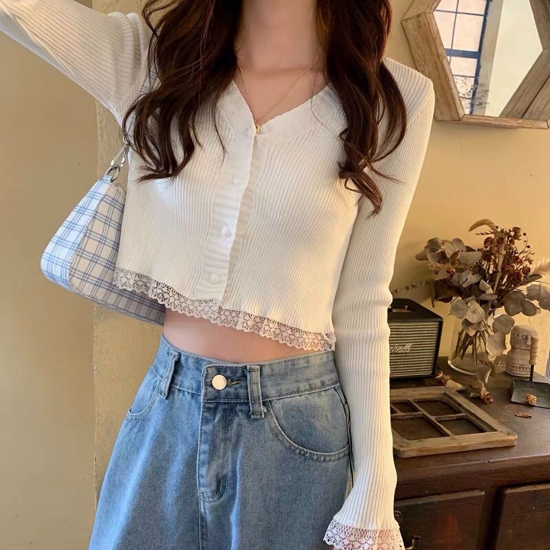 Áo len tăm chân ren cài khuy dáng cadigan dài tay