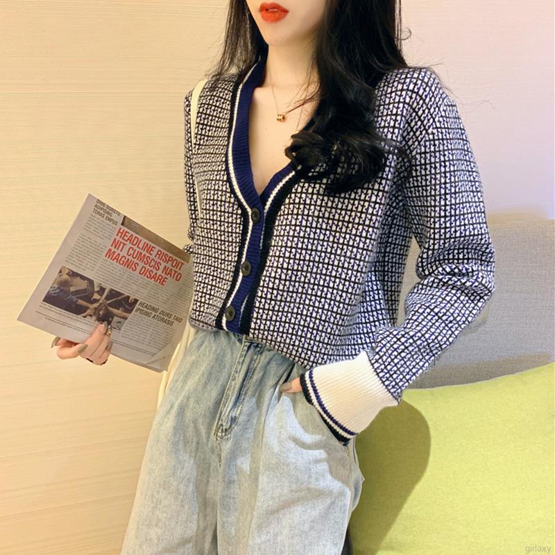 Áo Khoác Cardigan Dài Tay Cổ Chữ V Họa Tiết Sọc Caro Thời Trang Phong Cách Hàn Quốc