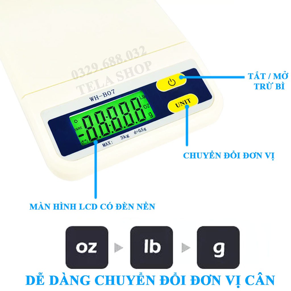 [BH 1 ĐỔI 1] Cân Điện Tử Mini 3kg WH B07 Chính Hãng Dùng Làm Bánh Tela Shop