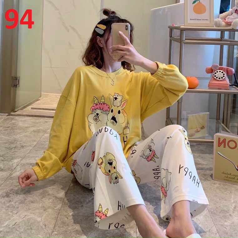 Đồ bộ nữ dài tay, Đồ bộ thu đông dài tay, Đồ bộ mặc ở nhà cho nữ, Đồ bộ ngủ thun dành cho nữ MÀU VÀNG HAPPY CỰC HOT