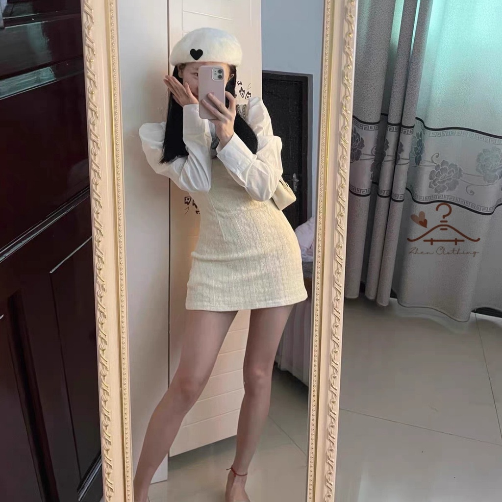 Set áo sơ mi trắng tay phồng + váy 2 dây trắng kem tiểu thư nhẹ nhàng, nữ tính