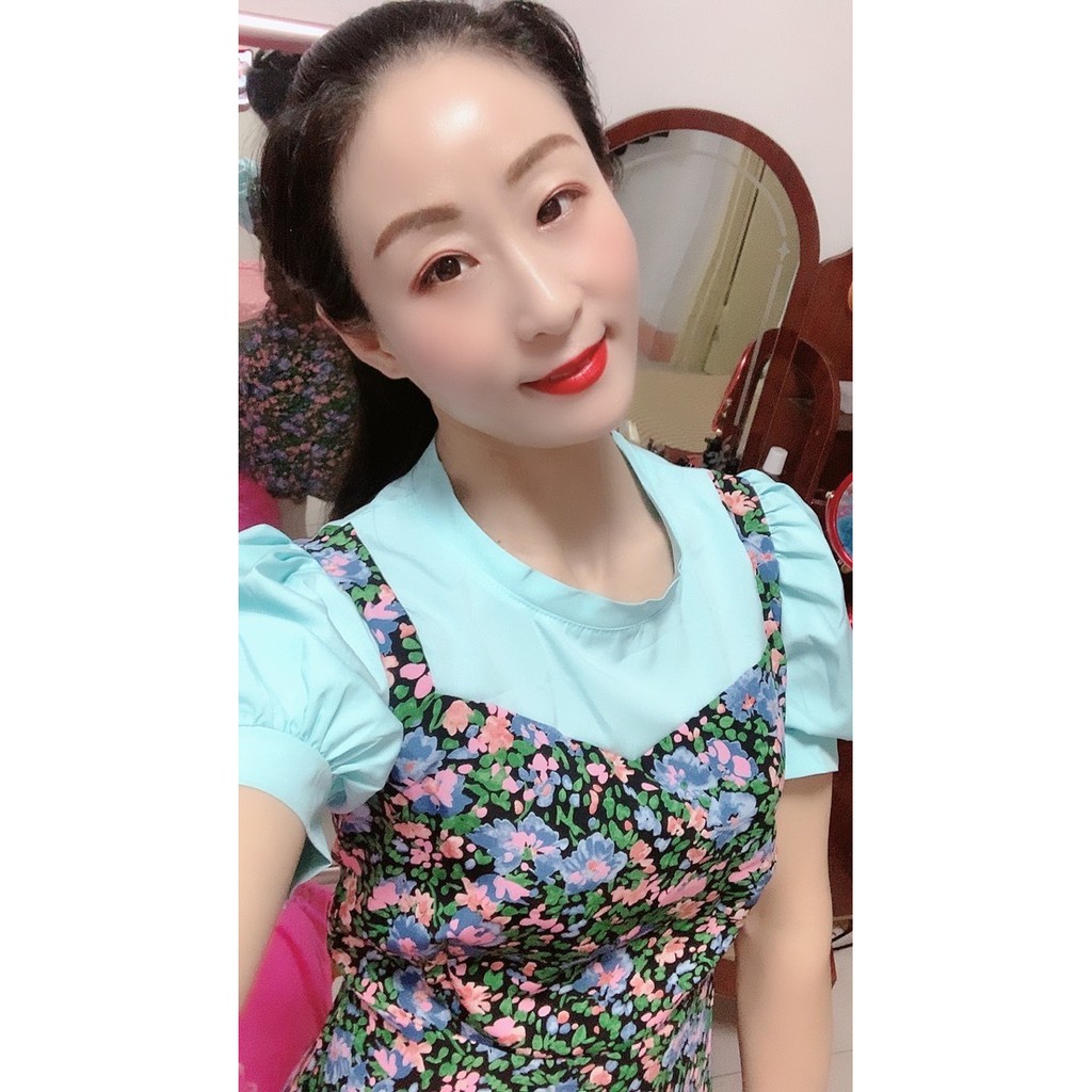 One Piece Summer Women Short Sleeve Blue Floral Midi Dress