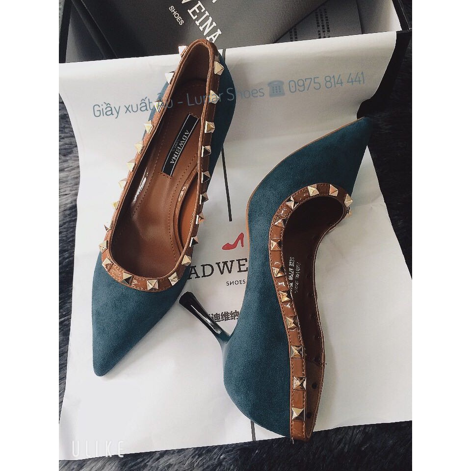 SALE G239 Giầy cao gót xanh viền đinh Sang chảnh