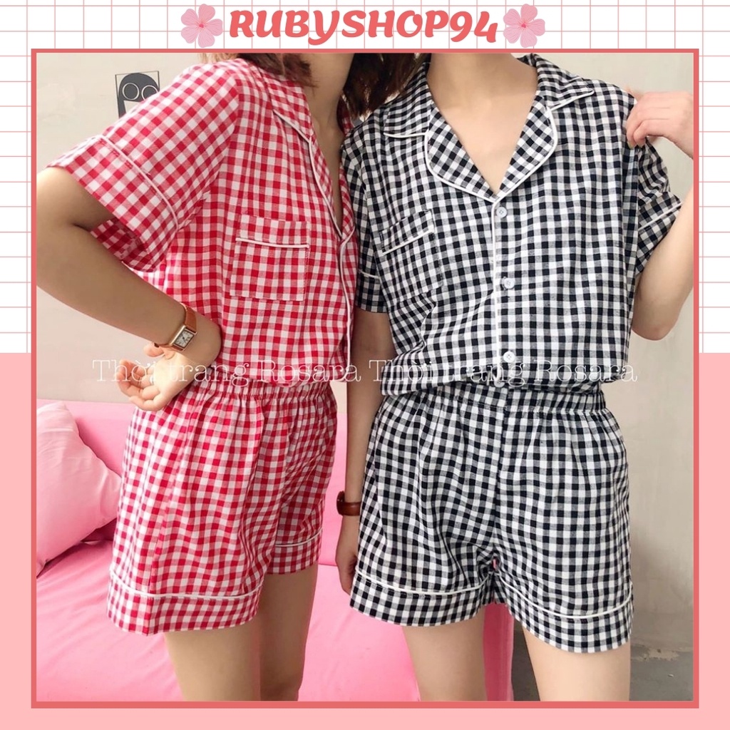 Bộ pijama nữ cộc tay kẻ nhiều màu, Đồ bộ nữ mặc nhà kèm chun buộc tóc