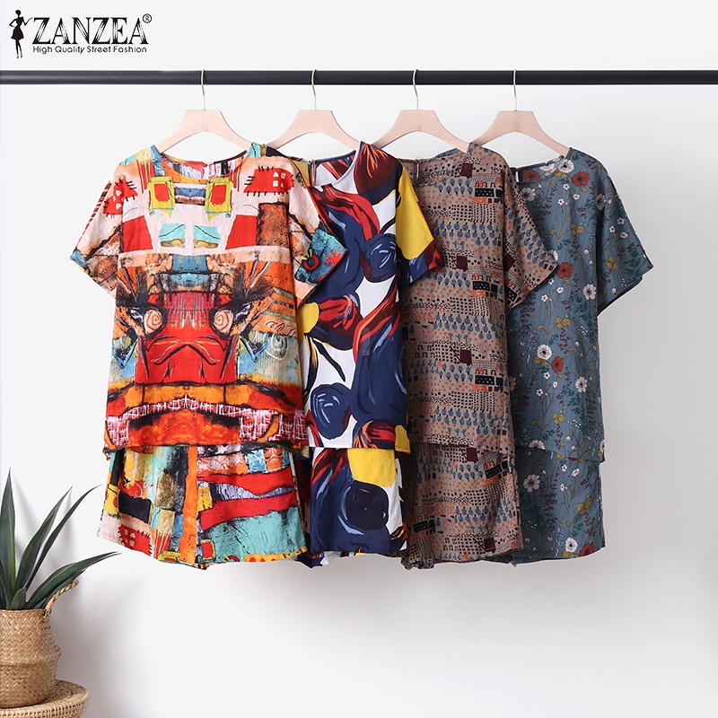 Set đồ ZANZEA gồm áo thun ngắn tay cổ tròn và quần short thời trang cho nữ