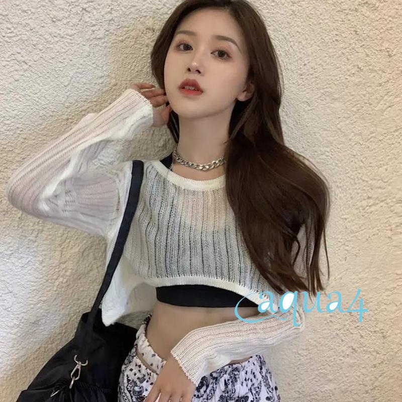 Áo Croptop Dệt Kim Tay Dài Cổ Tròn Màu Trơn Thời Trang Đi Biển Mùa Hè