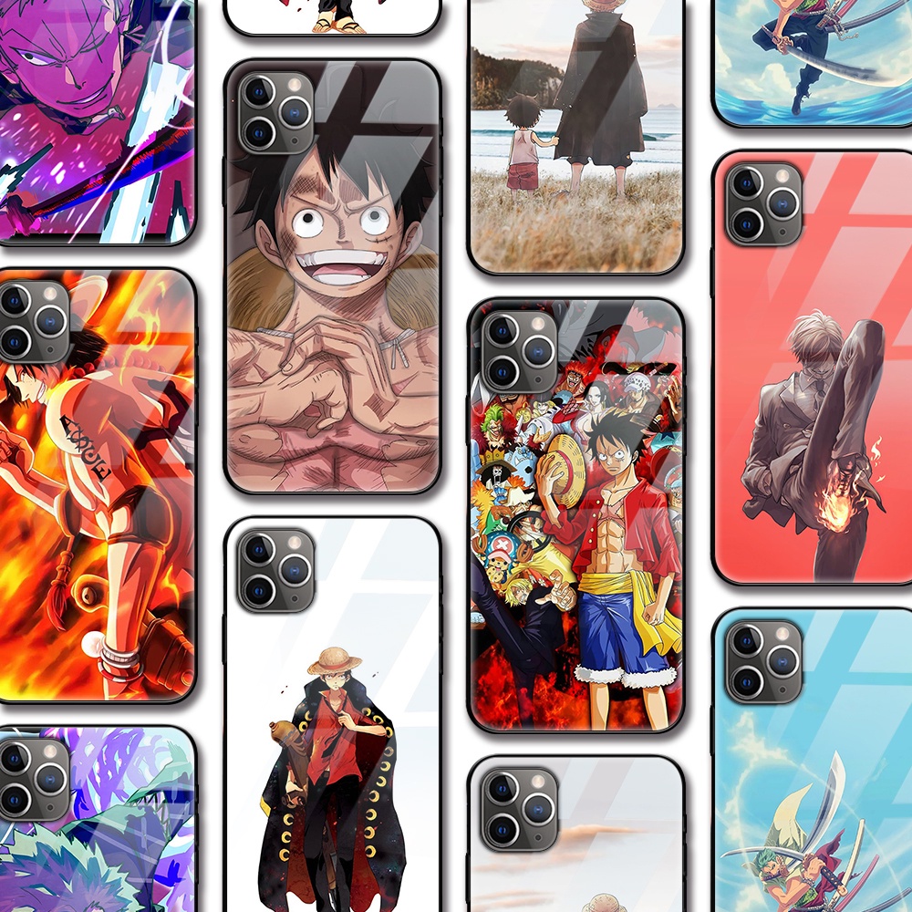 Ốp Điện Thoại Kính Cường Lực In Hình Anime One Piece Cho iPhone 11 12 13 Pro Max iPhone 7 8 Plus SE 2020 X XS
