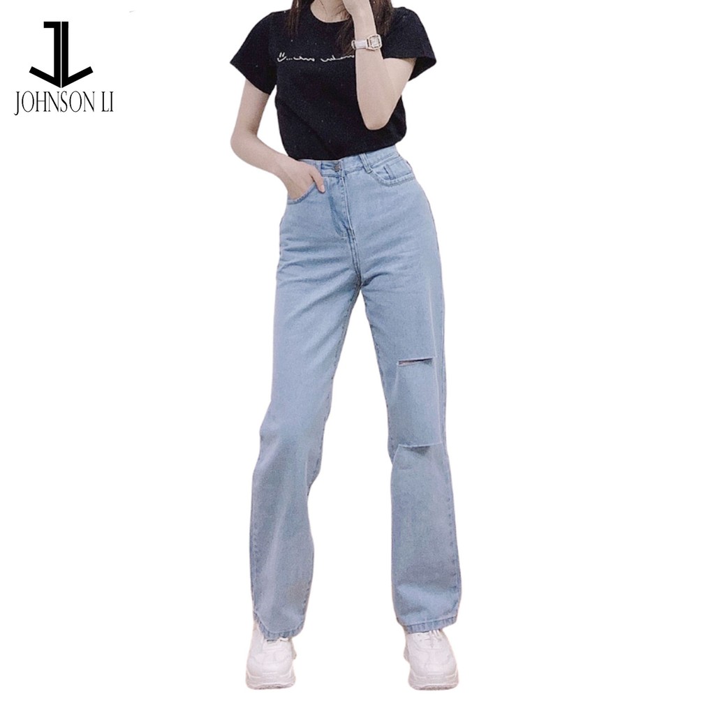 Quần baggy jean nữ cao cấp, lưng cao,màu xanh jean bạc cắt rách nhiều, quần jean nữ  LB202 JL JohnsonLi