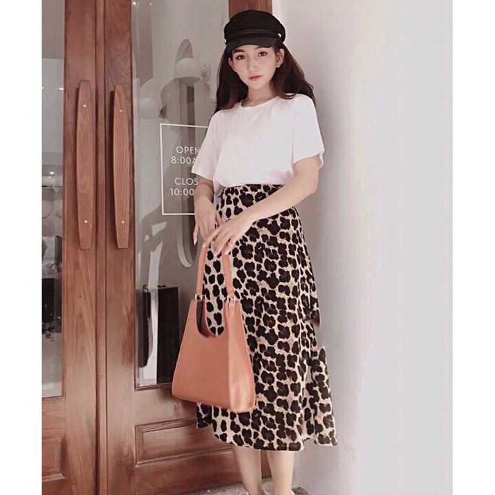 Set Vintage Áo Thun Trắng Mix Chân Váy Beo Midi (Kèm Hình Thật) - SE320