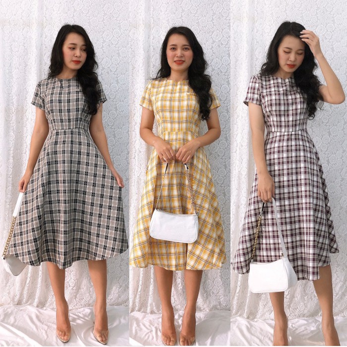 Đầm caro dáng xòe dài, tay con siêu xinh, giá rẻ S&M GR191- Hình thật shop chụp