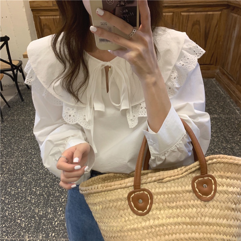 Áo Kiểu Tay Dài Phối Ren Cổ Bẻ 45786