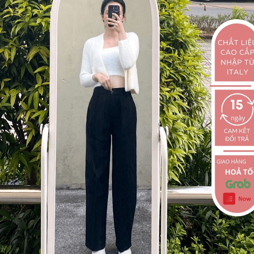 Quần tây ống rộng lưng cao nữ đi học màu đen khóa kéo trước dáng suông dài- Quần vải nữ ống rộng công sở cạp cao vải mềm