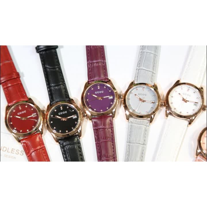 Đồng hồ đeo tay phát sáng kèm lịch dây thiết kế đơn giản dành cho nữ guou 8076