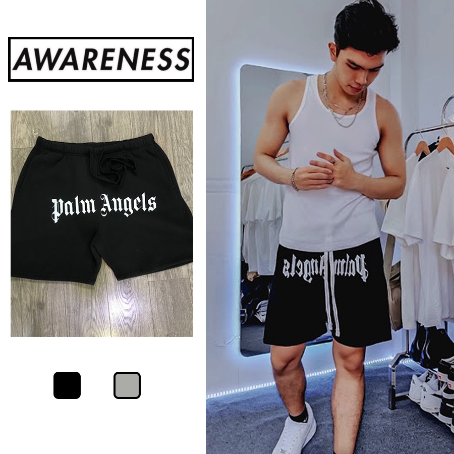 Quần Short Vải Nỉ Cotton Palm Angles Đen Xám - Quần short ngắn thể thao Unisex dây rút thời trang cao cấp - awareness