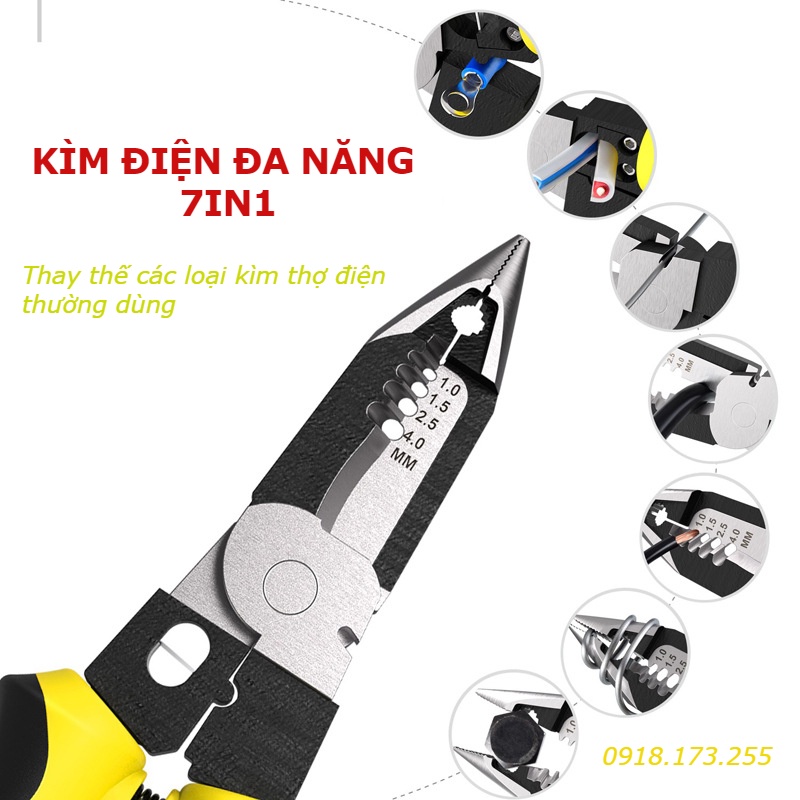 Kiềm Điện Đa Năng 7 trong 1 , Kìm Cắt Tuốt Bấm Cos Dây Điện TC Nhật Bản