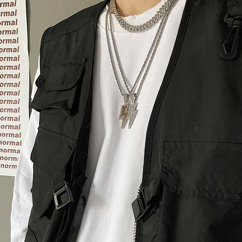 Dây chuyền 22729 mặt hình tia chớp đính kim cương phong cách hip hop đường phố cá tính cho nam