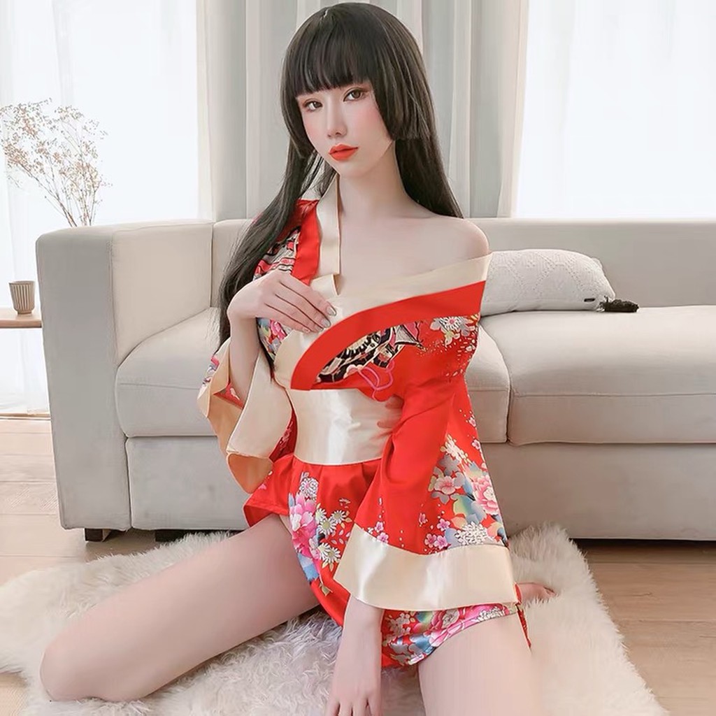 Đồ ngủ sexy gợi cảm áo choàng kimono thiếu nữ Nhật Bản hai màu đỏ đen 57