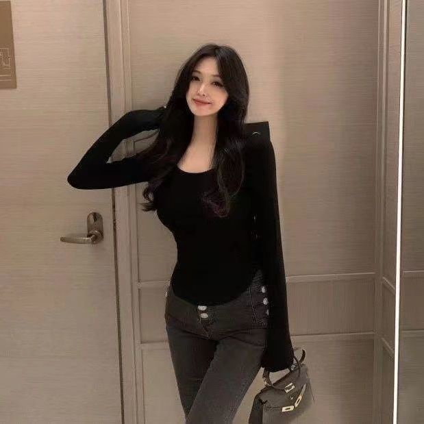 Áo thun tay dài cổ chữ U màu sắc thời trang cho nữ