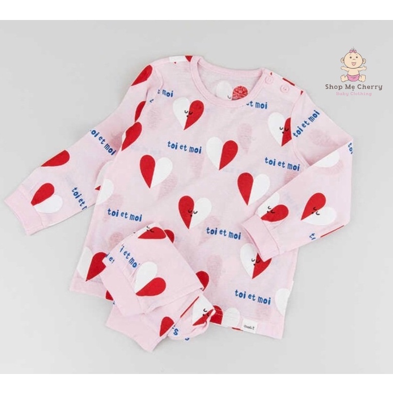 Bộ Dài Tay Bé Gái Nội Địa Hàn Quốc Của Hãng Cordii, Chất Cotton giấy Organic, Mẫu Trái Tim Đỏ
