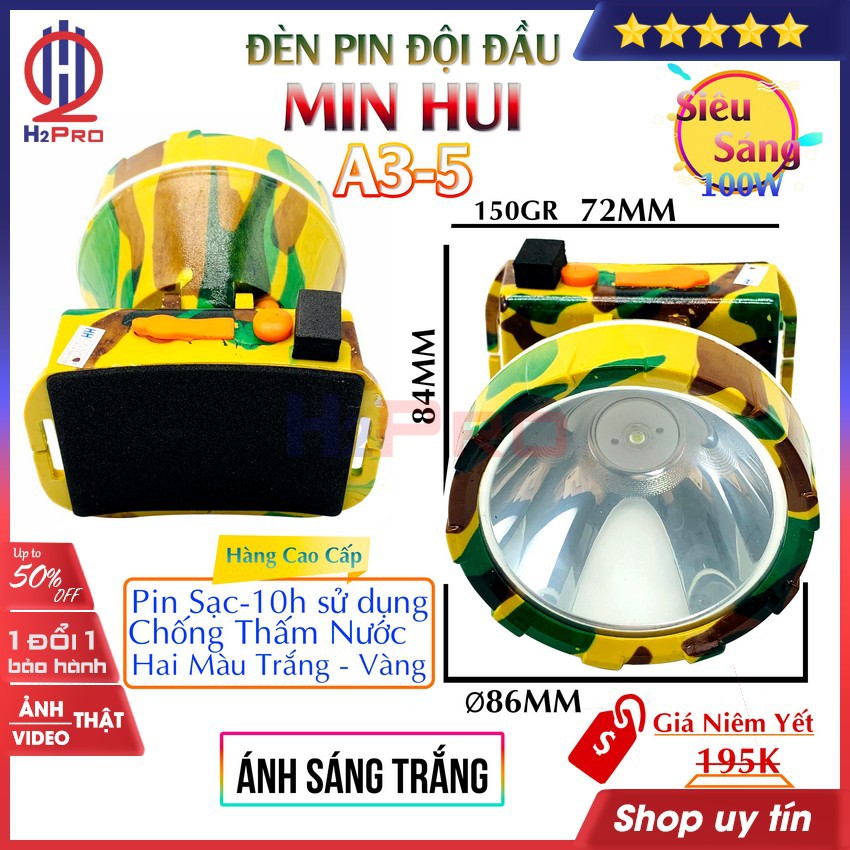 Đèn pin đội đầu siêu sáng 100W MIN HUI A3-5 H2Pro cao cấp LED-pin sạc-10h sử dụng-chống nước (1 bộ), ánh sáng trắng-vàng