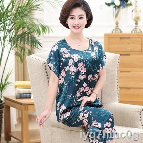 Mid pyjama nữ ice silk short Tay áo mô phỏng lụa rời cộng với phân bón plus size quần mặc nhà cho người trung niên ༴