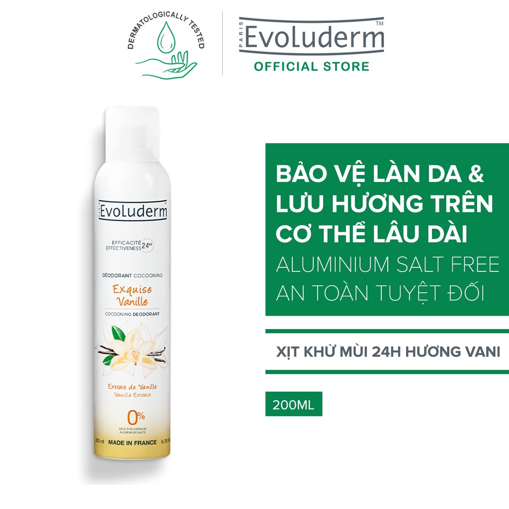 Xịt khử mùi toàn thân Evoluderm hương Vanilla ngăn khuẩn gây mùi suốt 24h - 200ml (20375)