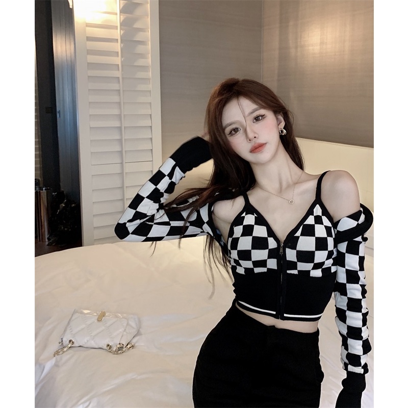 SẴN Set áo 2 dây croptop ôm body bó sát tôn dáng hở eo bụng vai lưng cổ chữ V dây kéo kẻ sọc caro bàn cờ+khoác tay dài