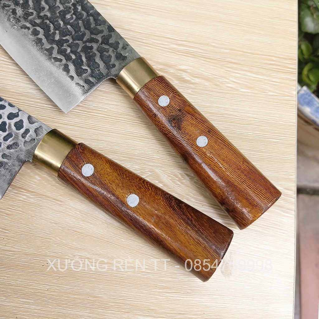 Bộ 2 Dao Thái Lọc Thép Nhíp Dập Vân 2 Mặt Cao Cấp - Cán Cẩm Chỉ Khâu Đồng