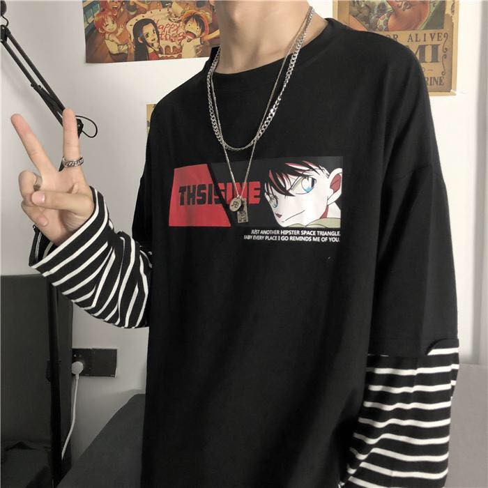 Áo thun tay dài nam nữ form rộng 2N Unisex phông cotton in hình conan phối tay màu trắng/đen