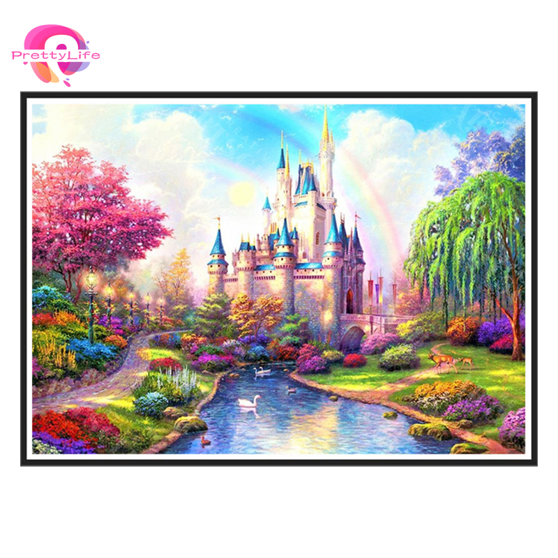 Bộ tranh đính đá 5D tự làm hình lâu đài cầu vồng độc đáo kích thước 40x30cm trang trí nhà cửa