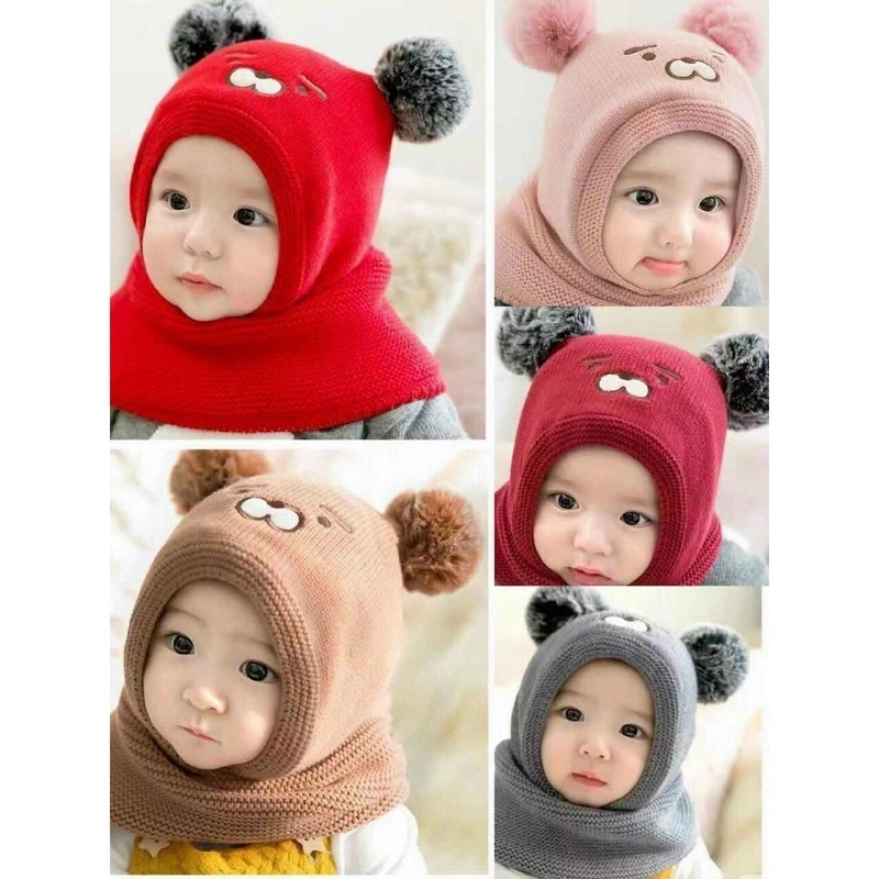 Mũ len chùm liền khăn hình gấu cho bé