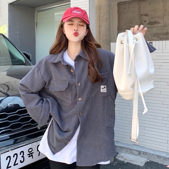 ZHELIHANGFEI Áo Sơ Mi Dài Tay Dáng Rộng Phối Túi Cá Tính Theo Phong Cách Nhật Bản