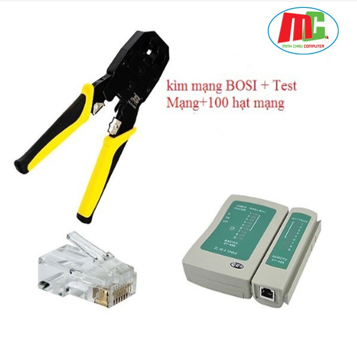 Combo Kìm Bấm Mạng Bosi + 100 Hạt Mạng + Bộ Test Mạng