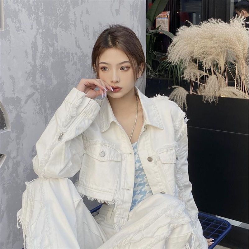 Áo Khoác Denim Ngắn Viền Xích Có Thể Tháo Rời Thời Trang Xuân Thu Cho Nữ