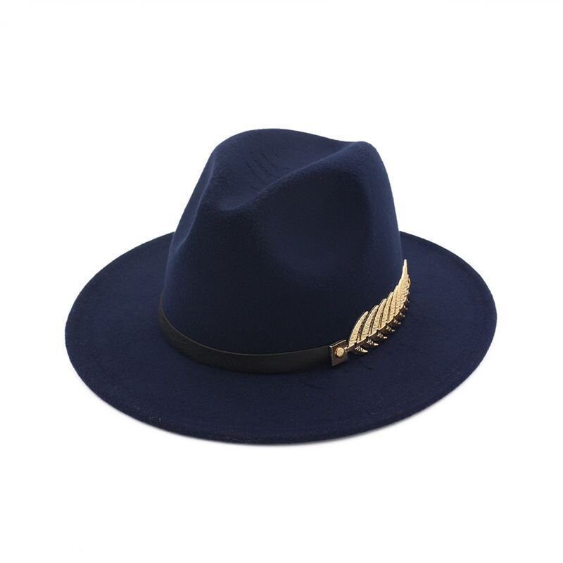 Korean Style Trendy New Golden Leaf Leather Ring Woolen Hat Korean Woolen Hat European and American British Hat Retro Felt Hat