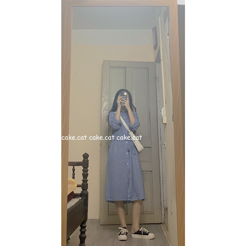 [VIDEO/ ẢNH THẬT] Đầm Váy Sơ Mi Kẻ Sọc Kèm Đai Thoáng Mát Mùa Thu Hàn Quốc | BigBuy360 - bigbuy360.vn