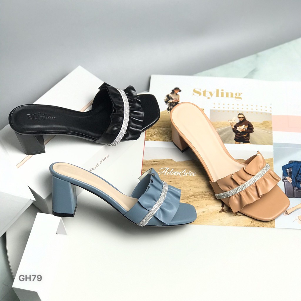 Guốc nữ BQ ❤️FREESHIP❤️ Dép cao gót nữ quai bèo nhún đính đá đế vuông 6.5cm GH79