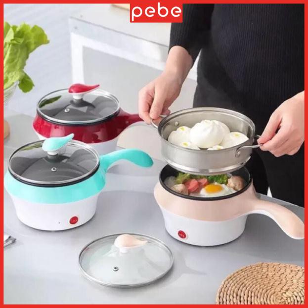 Nồi lẩu điện nồi hấp, ca nấu mì điện mini 2 tầng chống dính đa năng 18cm, tặng kèm xửng hấp