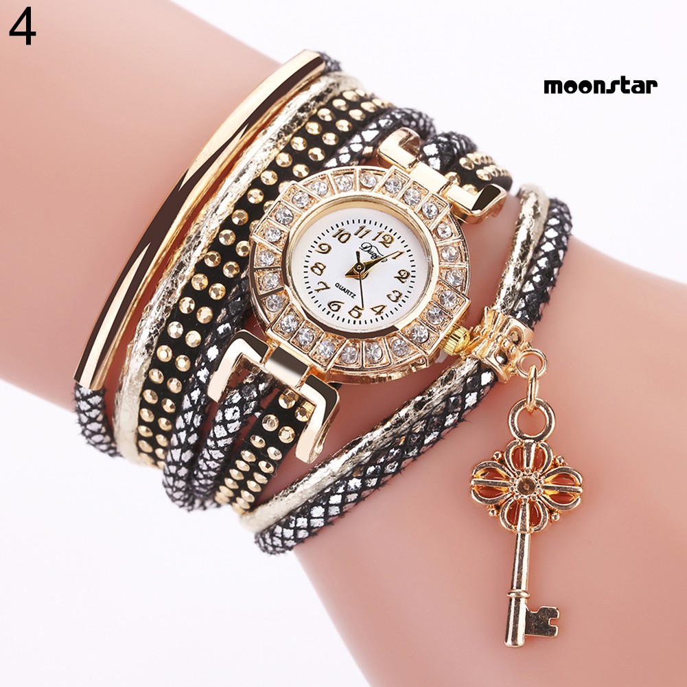 MS  Key Pendant Multi-Layer Rivets Band Arabic Numerals Quartz Bracelet Wrist Watch