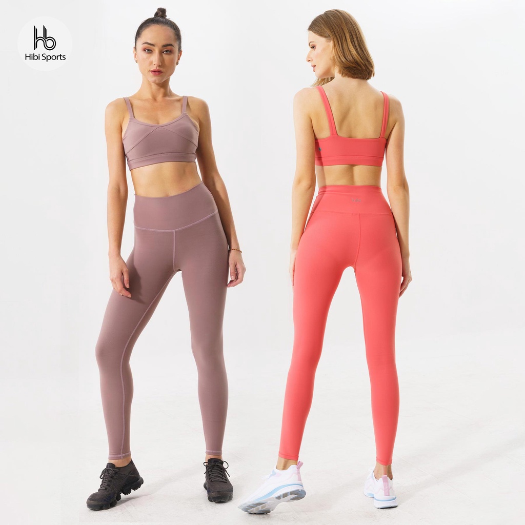 Set đồ tập yoga Luxury Hibi Sports H129 màu Strawberry và Hồng nude, áo bra thể thao 2 dây bản to, kèm mút nâng ngực