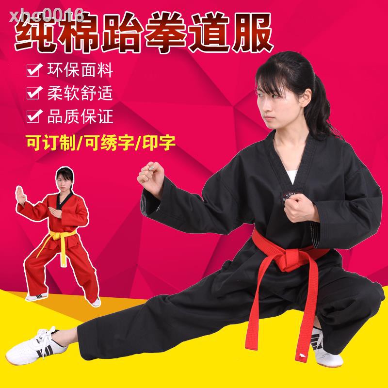 Bộ Đồng Phục Tập Võ Taekwondo Tay Dài Vải Cotton Màu Đỏ Đen Cho Người Lớn Và Trẻ Em