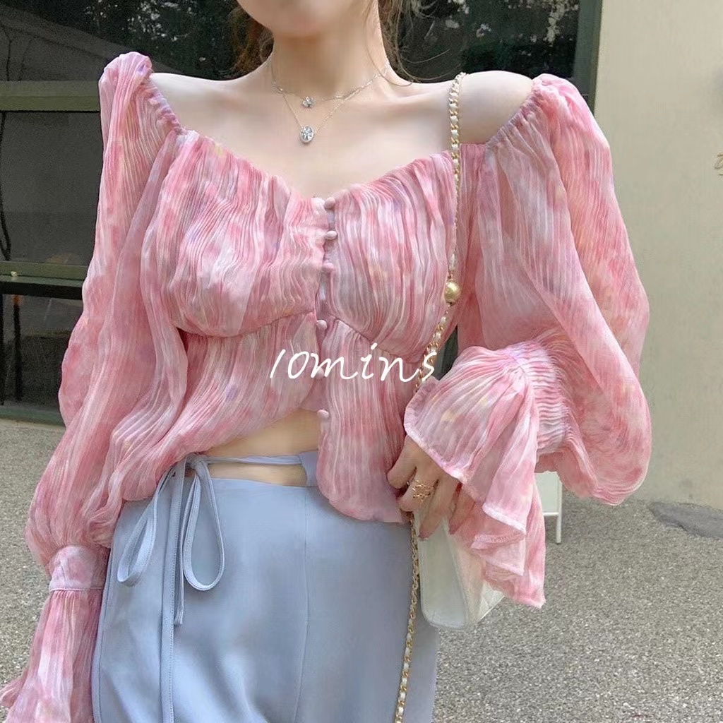 Áo chiffon trễ vai tay loe màu hồng eo cao thời trang mùa hè xinh xắn cho nữ