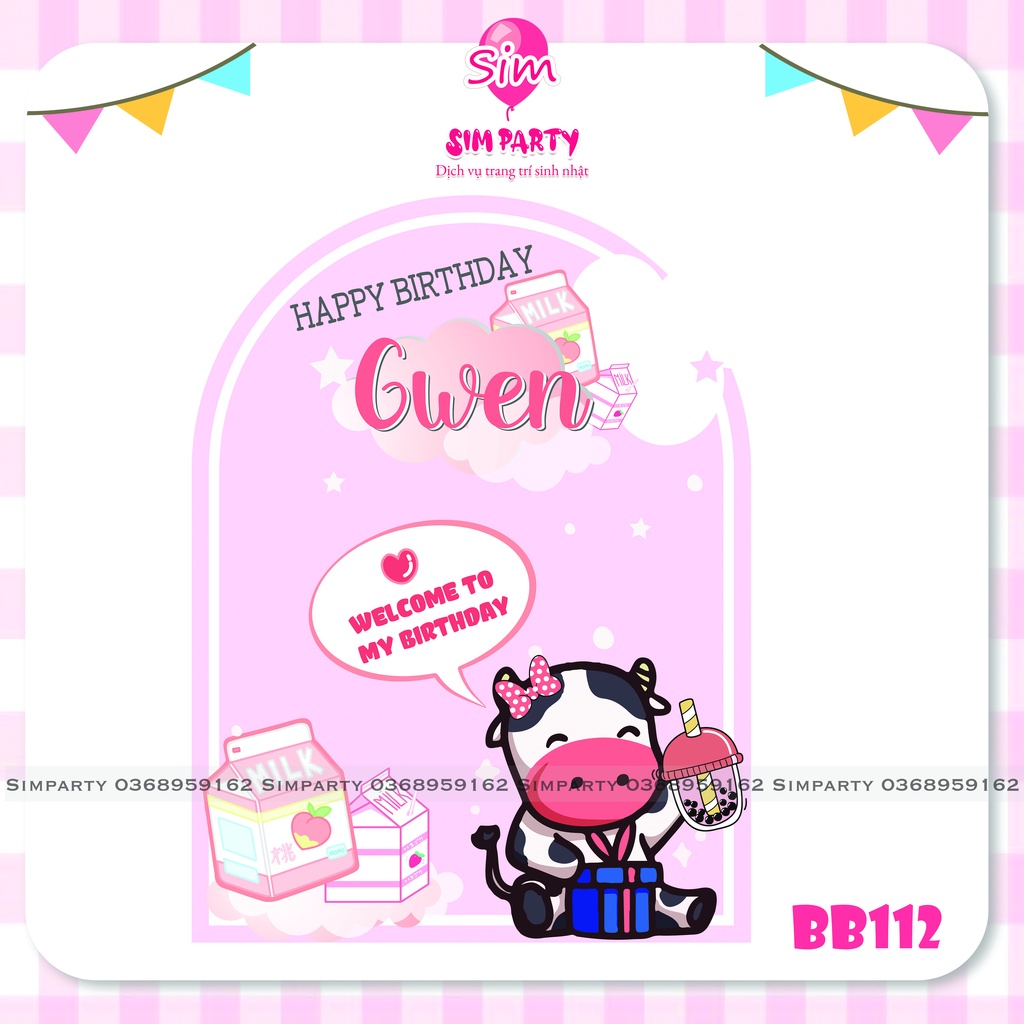 Backdrop trang trí sinh nhật bé trai bé gái phông bạt vải Silk, Hiflex in trực tiếp theo tên bé