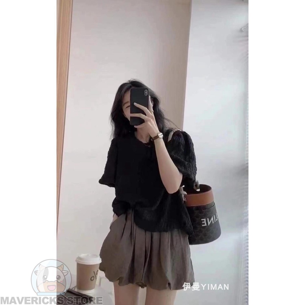 Set Áo Tay Phồng + Quần Short Lưng Cao Phong Cách Hàn Quốc Cho Nữ