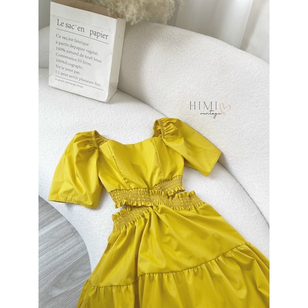 Váy đầm xoè tầng dáng ngắn tay phồng cắt xẻ eo lạ độc đáo trơn màu nổi bạt tiểu thư nữ tính style hàn quốc